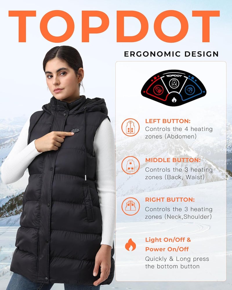 Topdot Store Long Puffer Heated Vest for Women with 16000mAh Battery Pack, 10 Heating Zones Hooded Winter Women's Heated Vest Outwear - Image 5